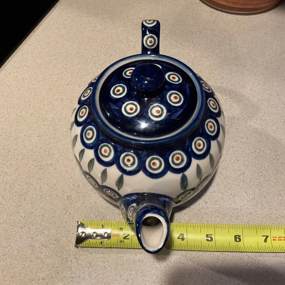 Boleslawiec Polish Pottery Teapot Peacock Eye Pattern Hand Made in Poland EUC